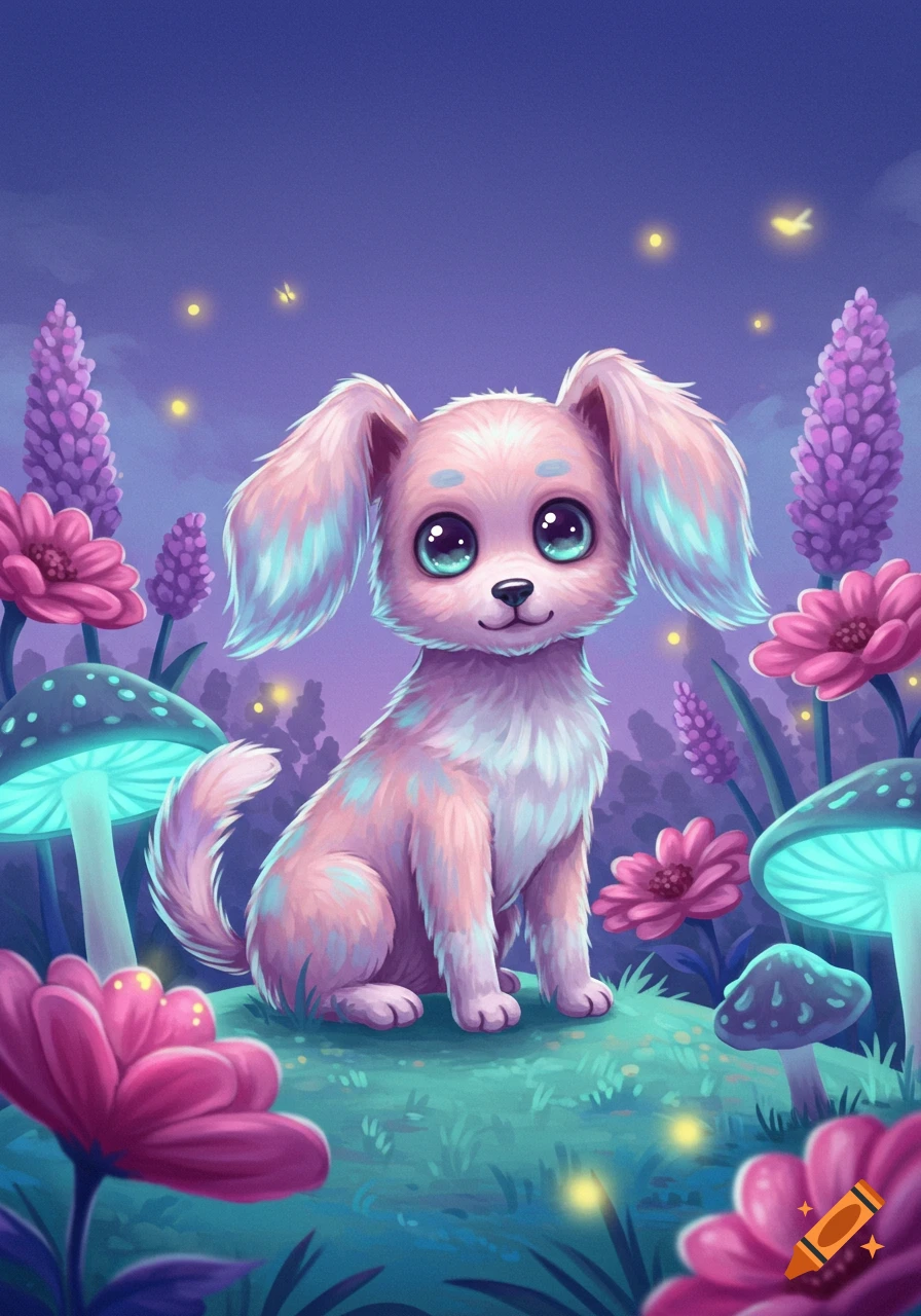 A cute pink and blue puppy with big eyes sits in a whimsical, glowing fantasy forest with pink flowers and luminous blue mushrooms at night.