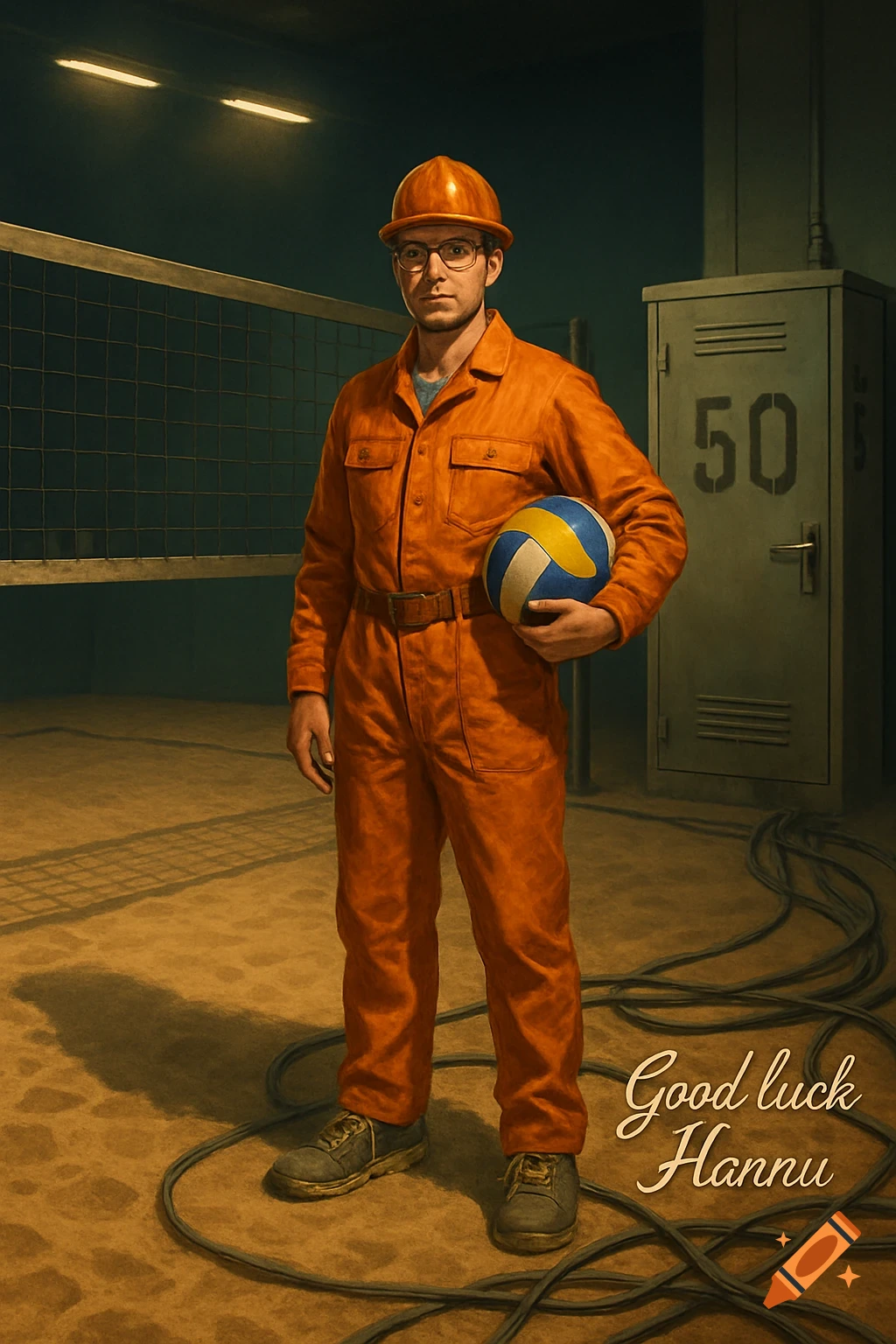 A man in an orange overall and hard hat holds a volleyball on a court with a net and a locker. Text reads "Good luck Hannu".