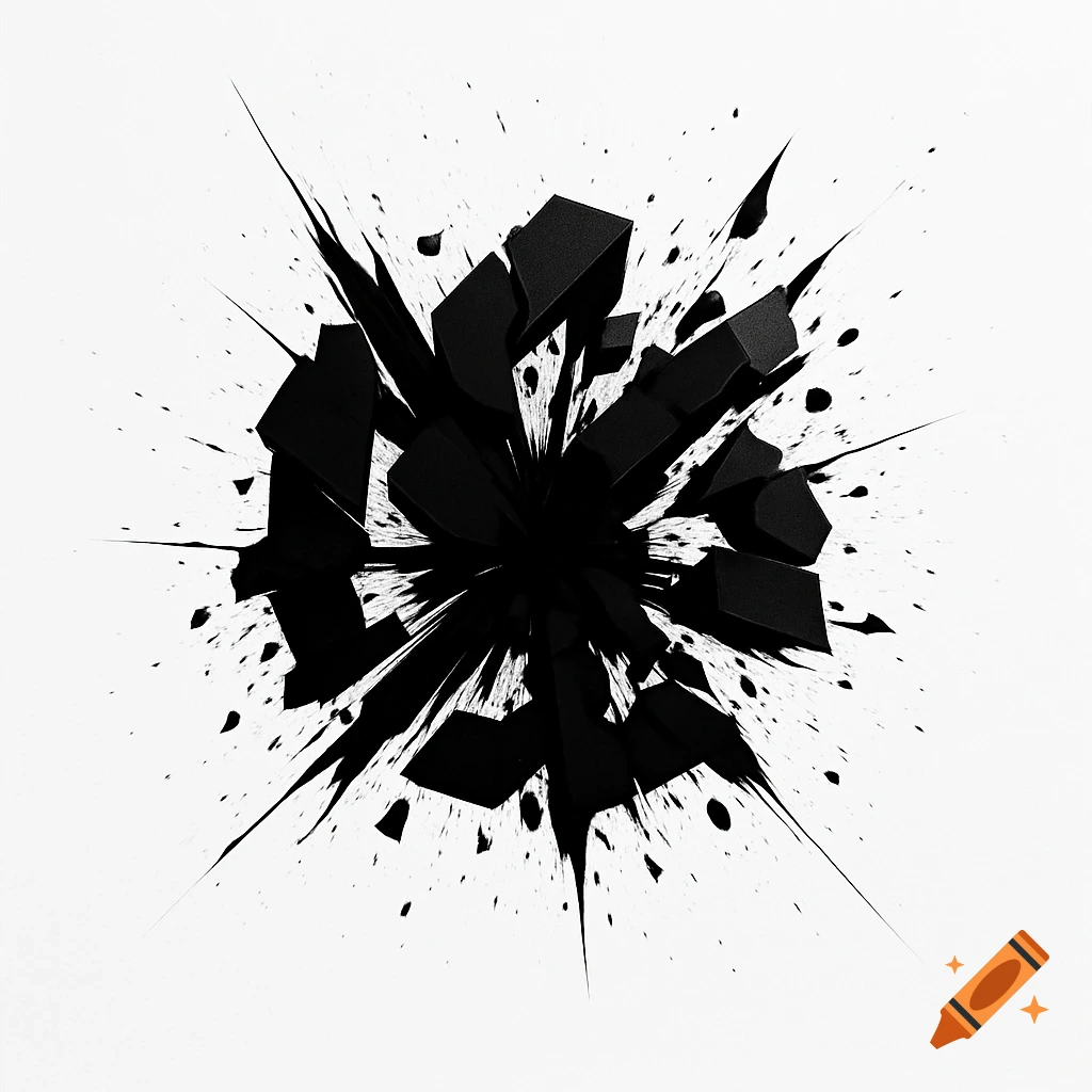 A high-contrast abstract image of black geometric shapes exploding outwards, surrounded by ink splatters on a white background.