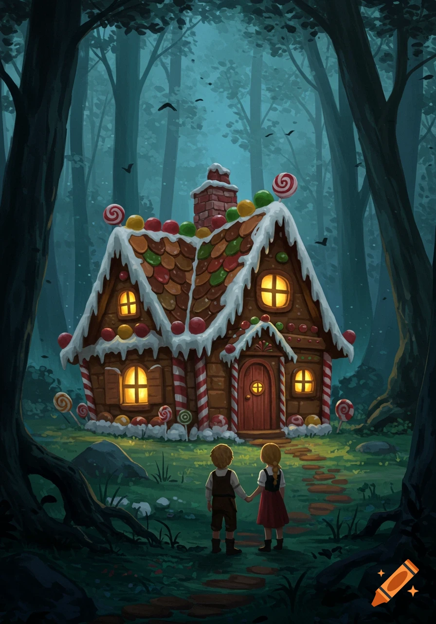 Hansel and Gretel hold hands, looking at an elaborate gingerbread house in a dark, stylized forest.