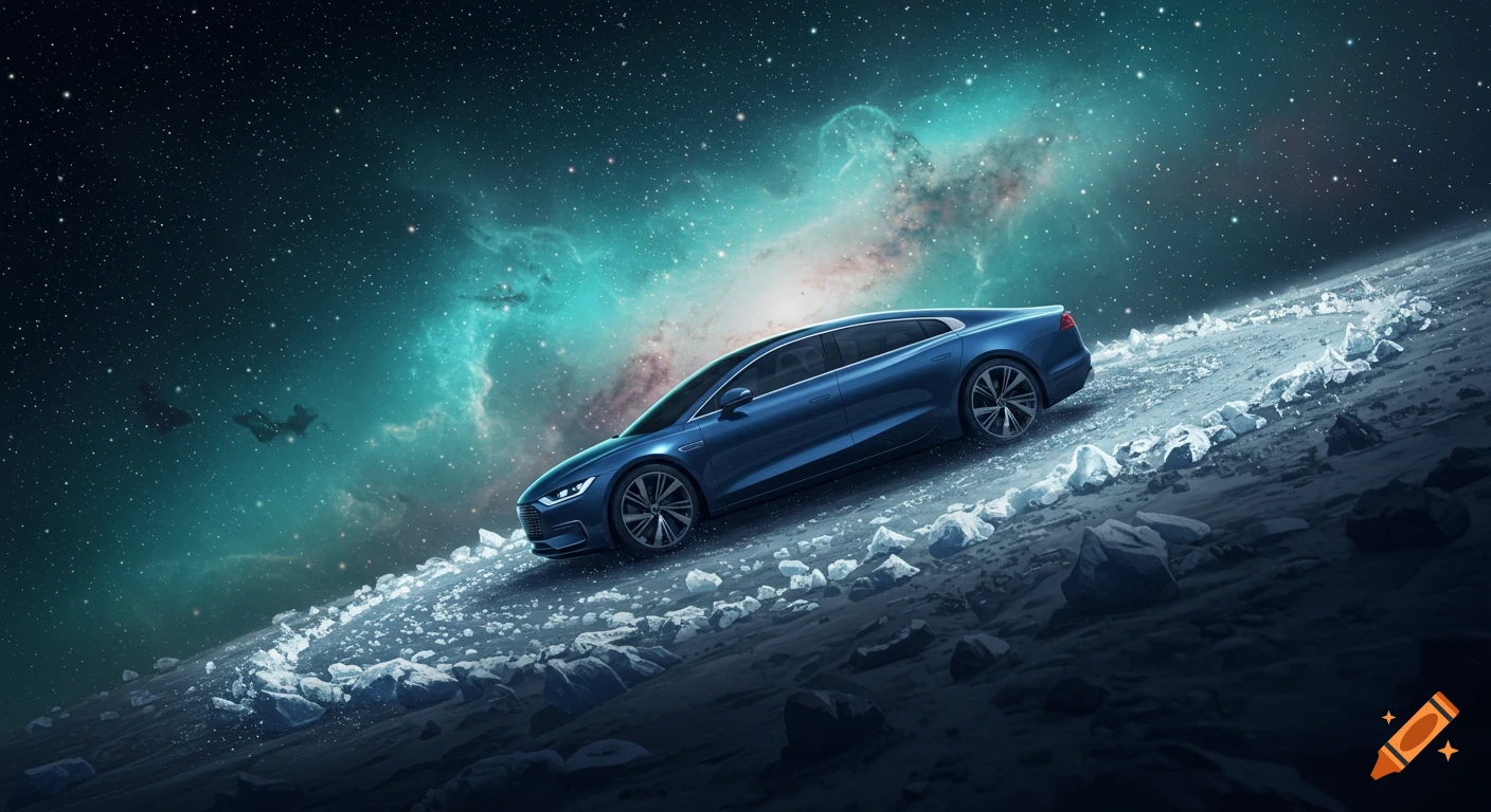 A dark blue futuristic car drives on a rocky, icy planet surface against a starry space background with a vibrant teal nebula.