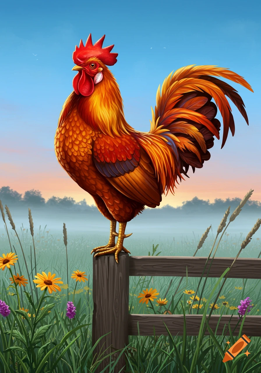 A colorful rooster with red comb and wattle stands on a wooden fence post in a vibrant field with wildflowers and tall grass under a blue sky at sunrise.