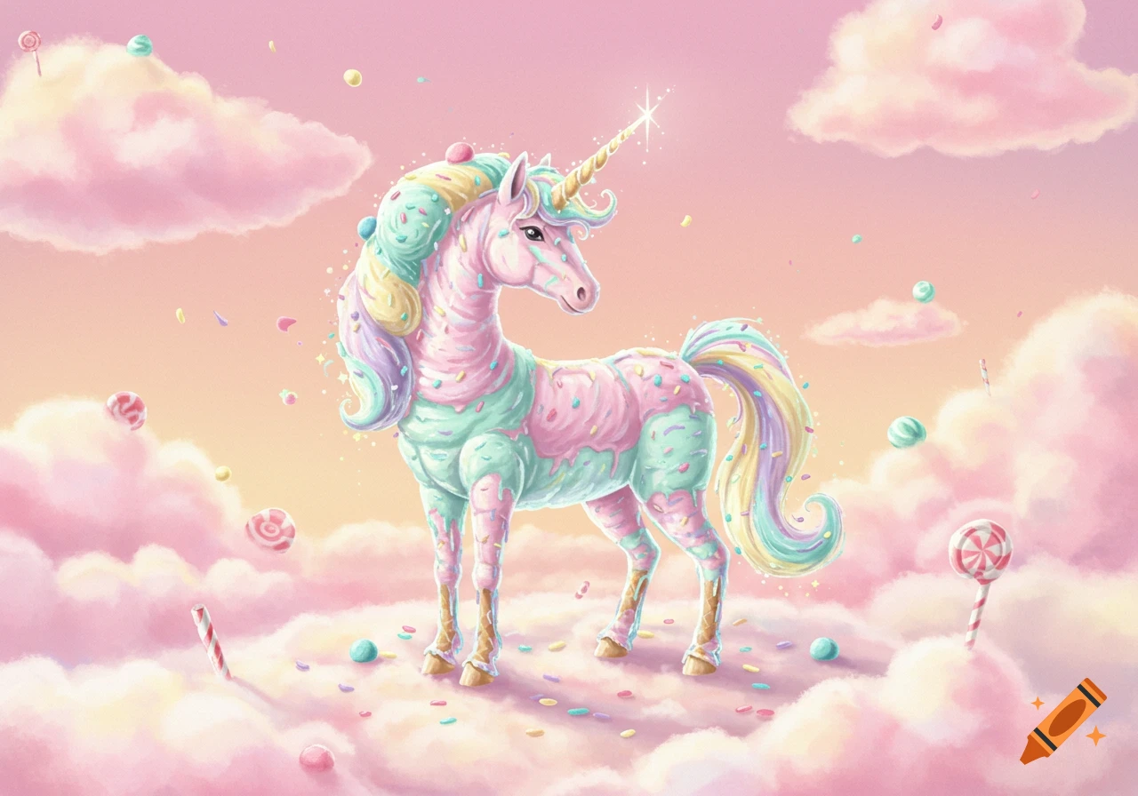 A whimsical ice cream unicorn with a pastel mane and sprinkles stands on cotton candy clouds among lollipops.