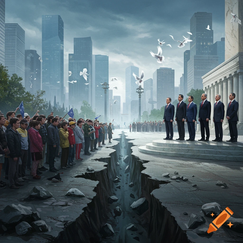A deep chasm separates a crowd from politicians on a raised platform in a city, with doves flying above.