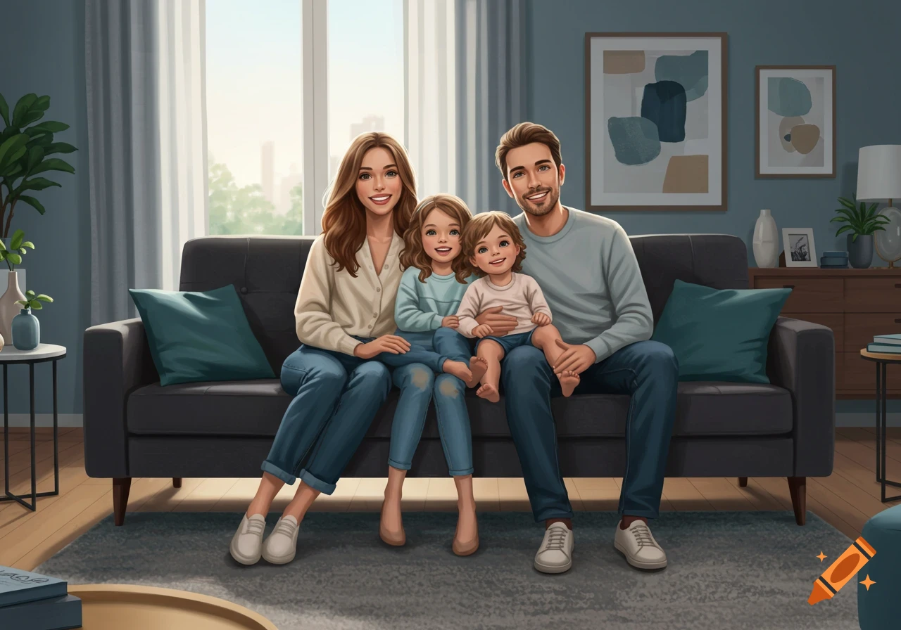 A smiling family of four, parents and two young daughters, sit on a modern sofa in a bright living room, stylized illustration.