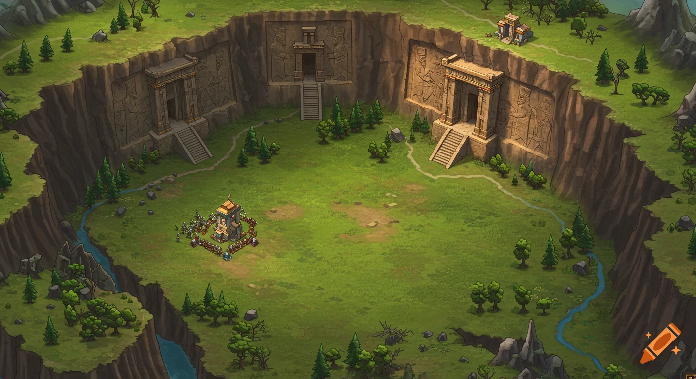 Isometric fantasy strategy game map with a grassy plain surrounded by high cliffs featuring ancient carved ruins and a small village.