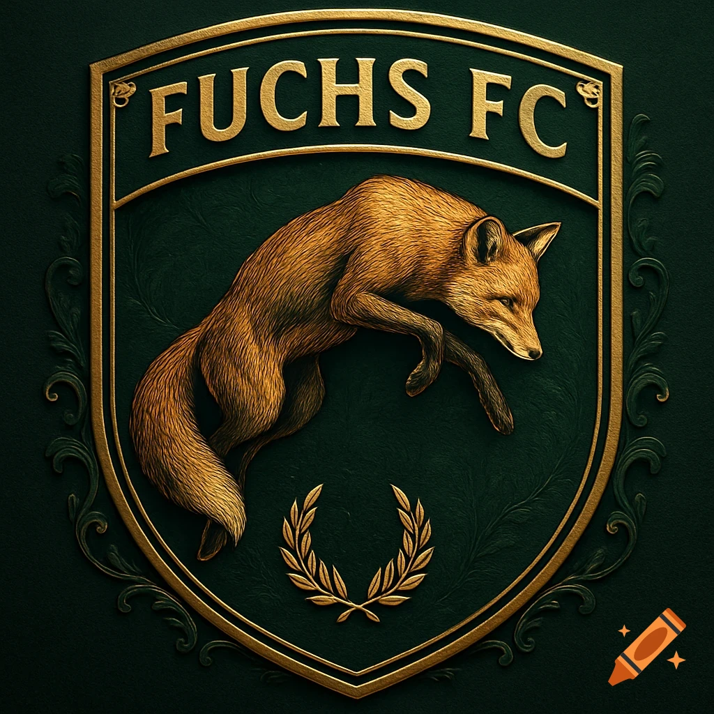 A vintage-style football badge featuring a golden fox jumping on a dark green shield with gold trim, and the text 'FUCHS FC'.