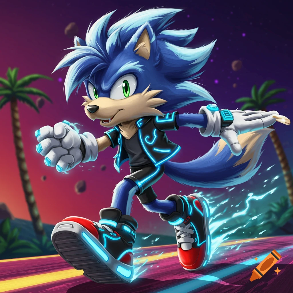 An anime-style blue anthropomorphic wolf character in a black and blue glowing jacket and high-tech shoes runs on a neon-lit road.