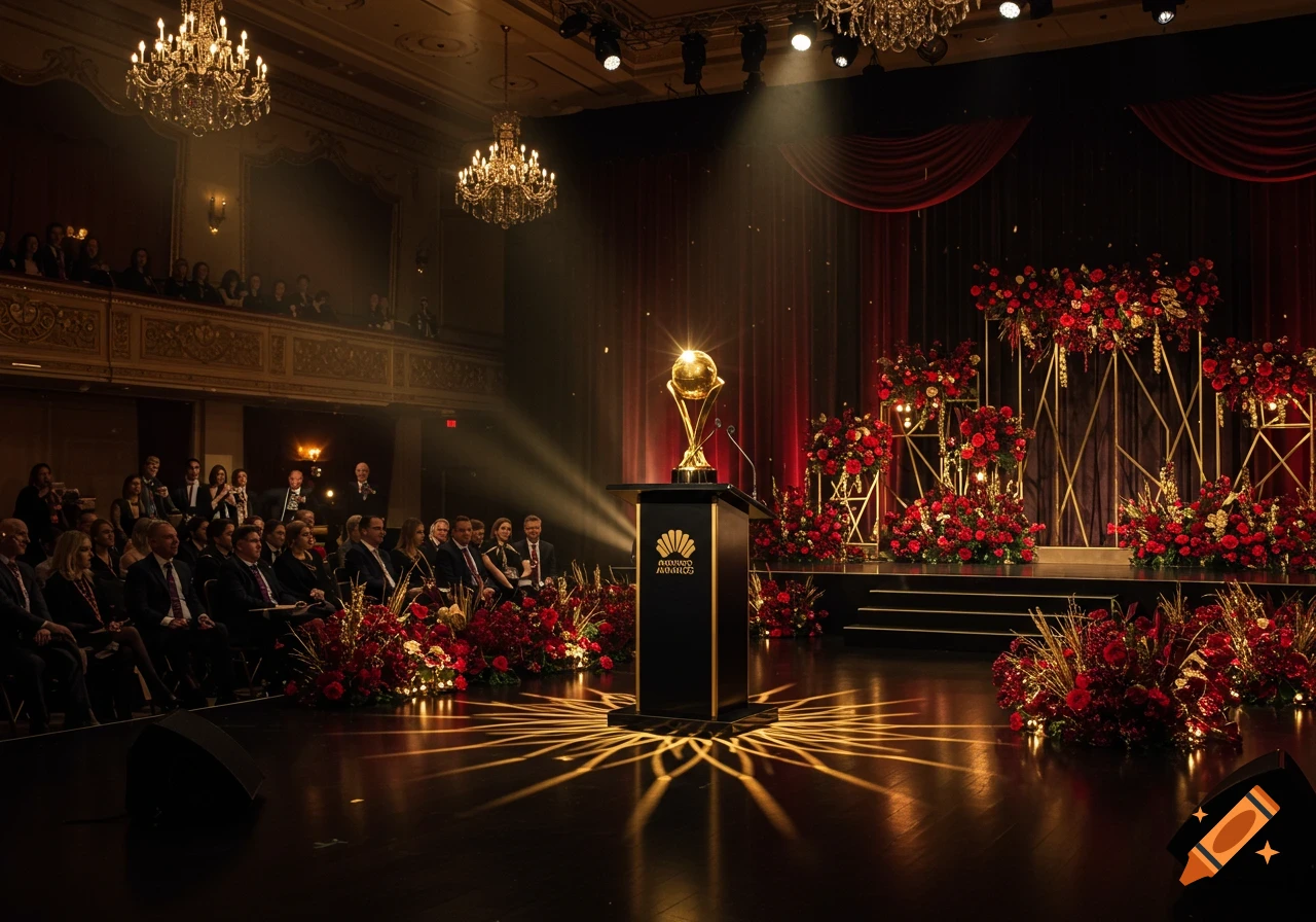 An elegant award ceremony with a golden trophy on a black podium, surrounded by red floral arrangements and spotlights on a dark stage. An audience is seated in the foreground and balcony.