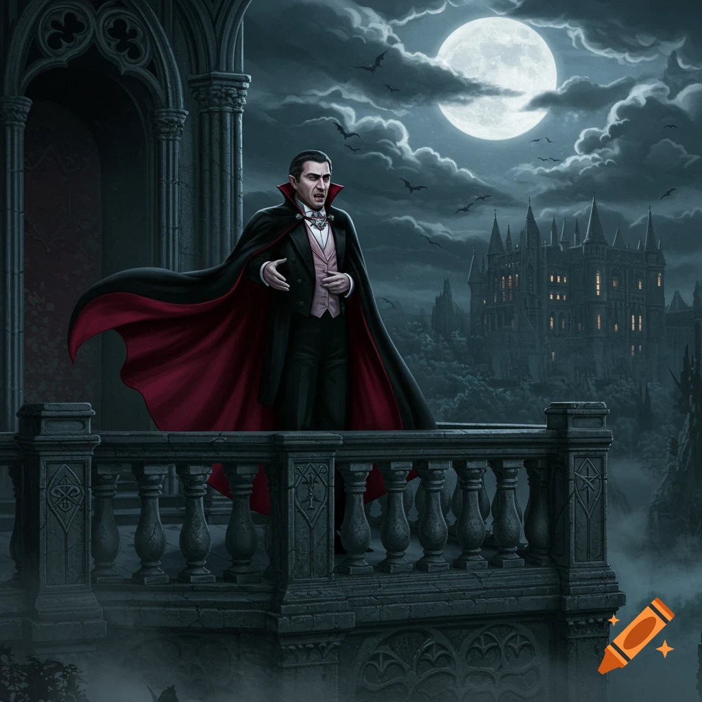 Count Dracula in a black and red cape on a gothic balcony under a full moon, with a distant castle and flying bats, in an illustrative fantasy style.