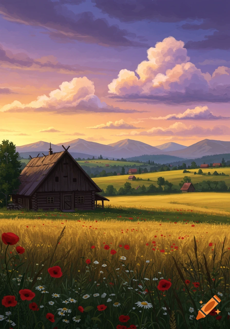 A vibrant digital painting of a rustic cabin in a golden field with red poppies, under a dramatic purple and orange sunset sky.