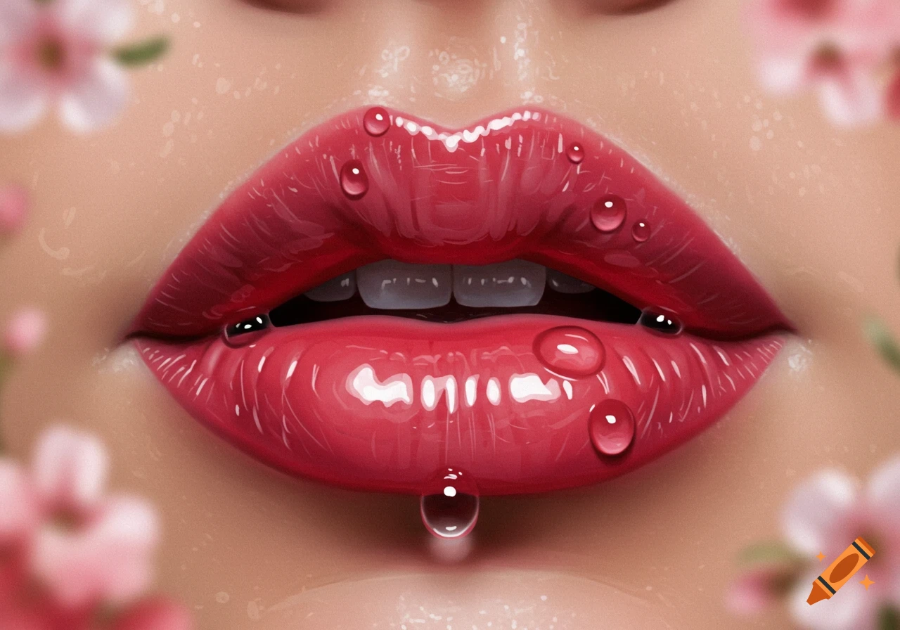 Hyperrealistic close-up of glossy red lips with water droplets, soft blurred pink flowers in the background.