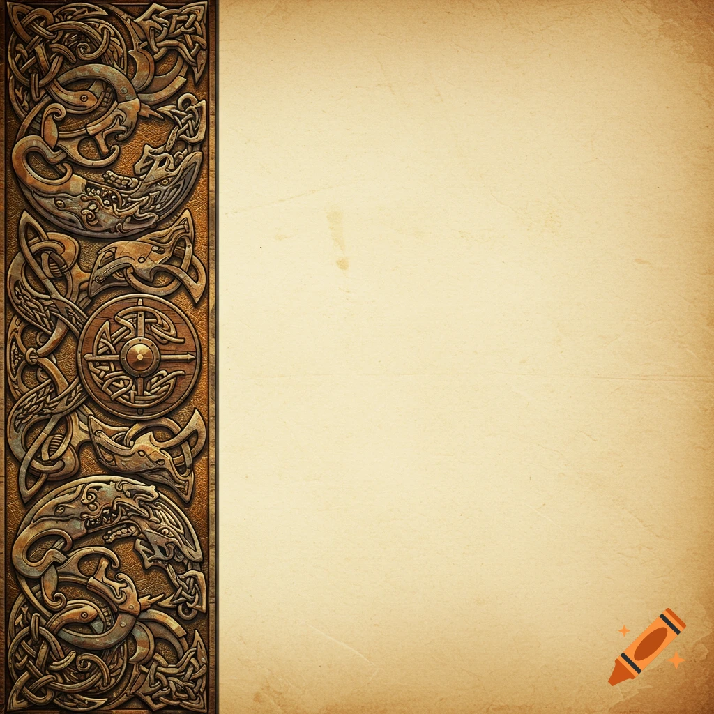 Viking style decorative border with intricate knotwork and stylized animals on aged parchment.