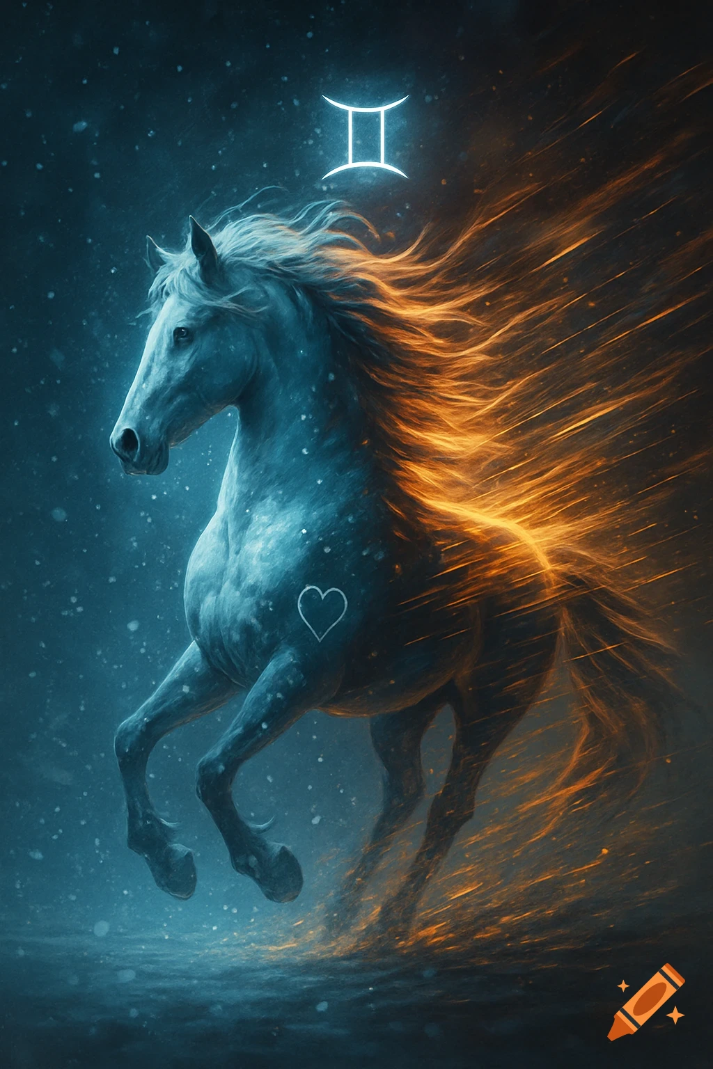 A mystical horse depicted with one half icy blue and the other fiery orange, featuring a Gemini zodiac symbol and a heart.