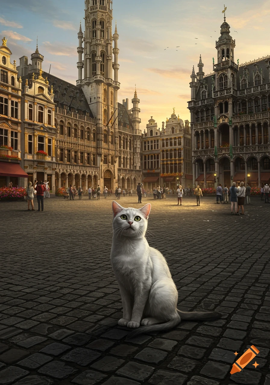 A white cat sits on a cobblestone square with grand, ornate European buildings and people in the background under a sunset sky.