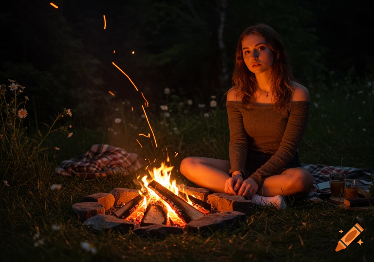 Photorealistic image of a young woman with a septum ring and off-shoulder top sitting cross-legged by a bright campfire at night.