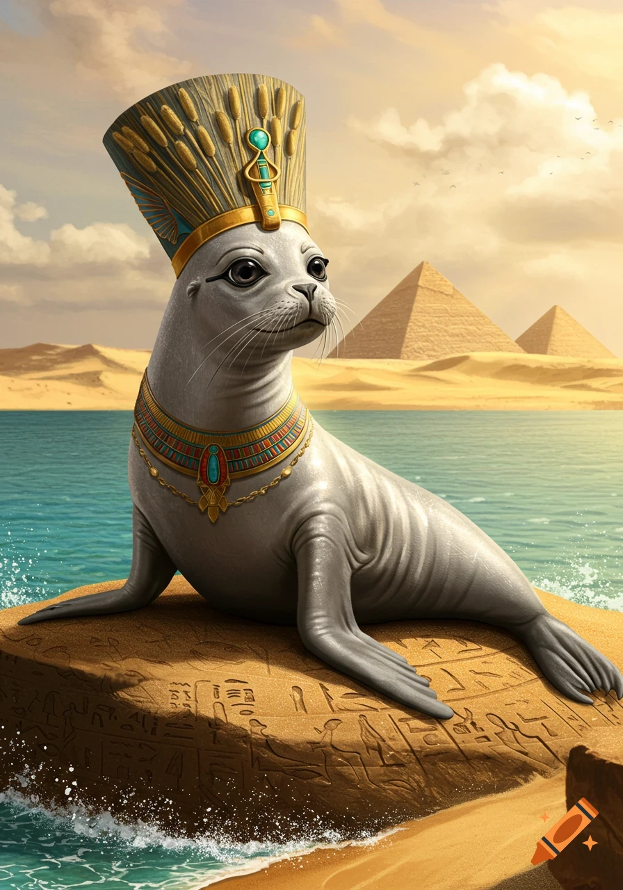 A regal seal wearing an ornate Egyptian pharaoh's crown and necklace sits on a hieroglyph-carved rock by the sea, with pyramids in the desert.