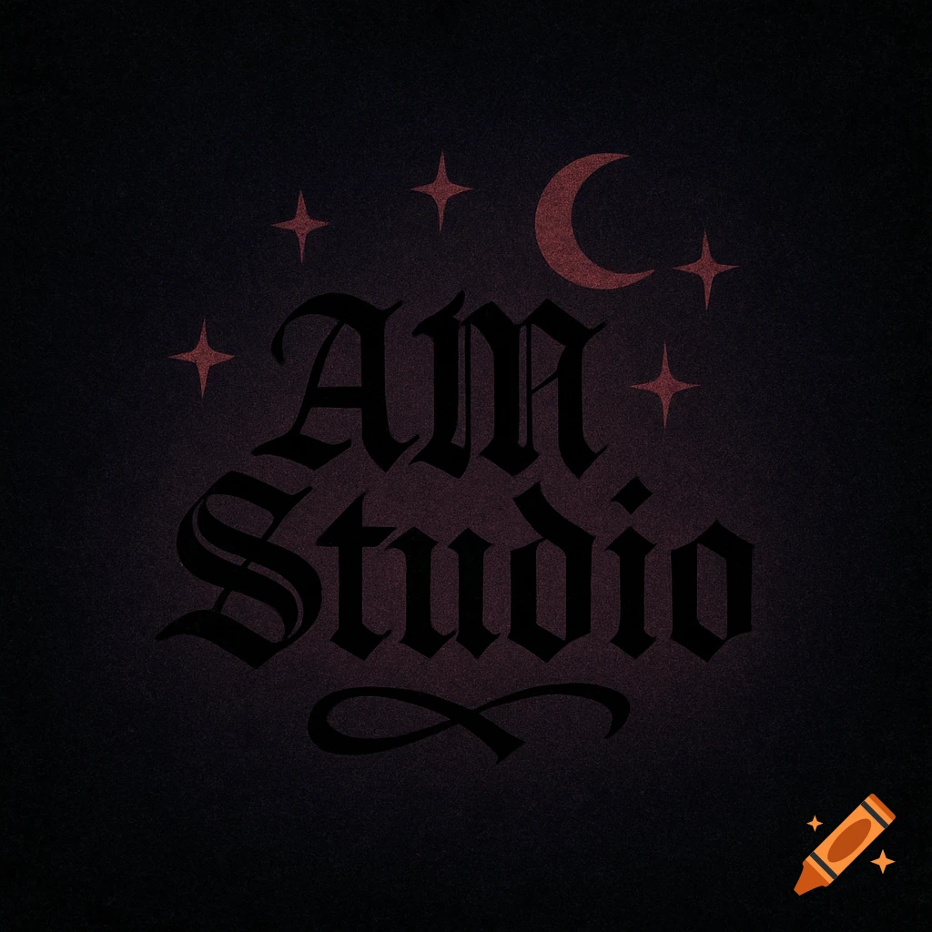 Dark gothic logo for 'AM Studio' with blackletter typography, red crescent moon, and stars on a grainy black and dark purple background.