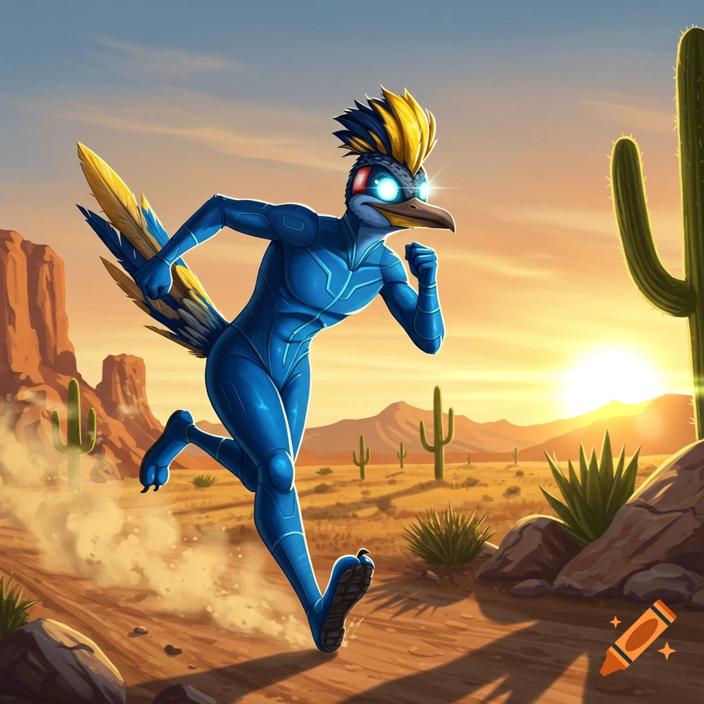 A stylized anthropomorphic roadrunner in a blue suit with glowing eyes runs through a desert landscape at sunset.