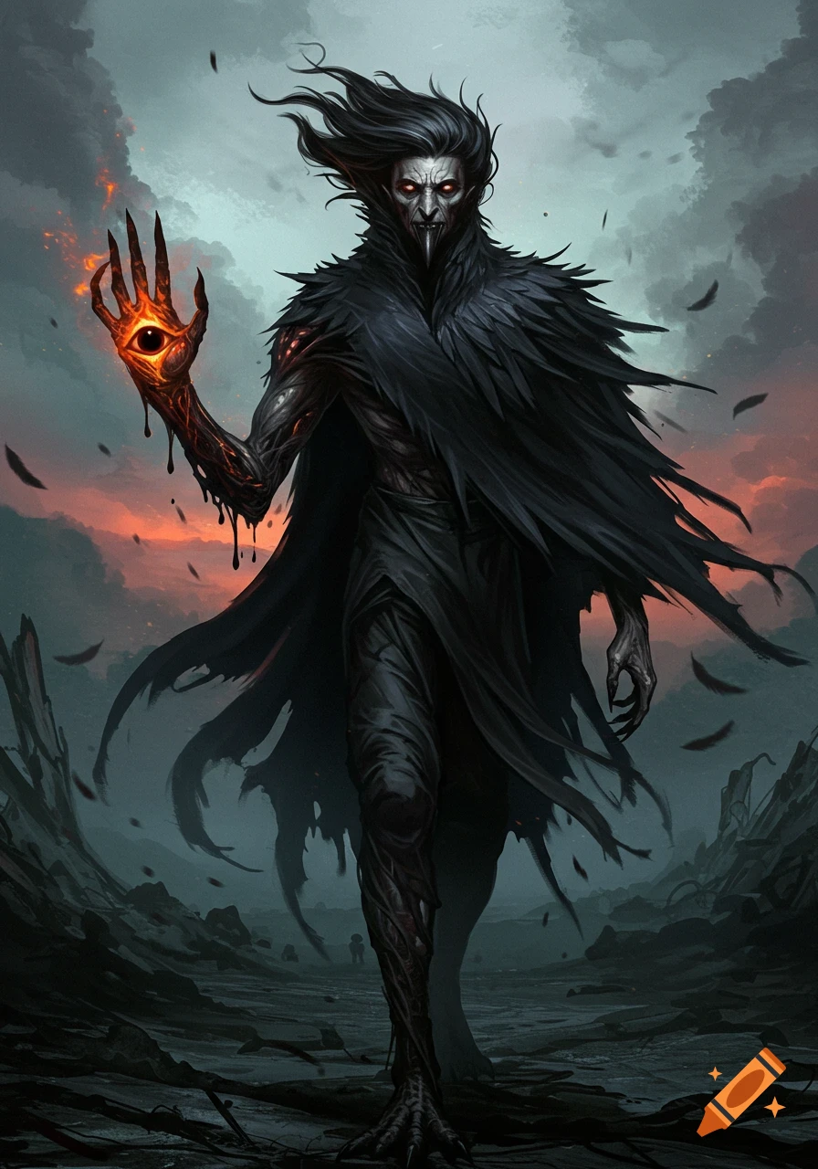 A dark, raven-like creature with glowing red eyes and long black hair stands in a desolate landscape. One arm is corrupted with a burning orange eye in its palm.
