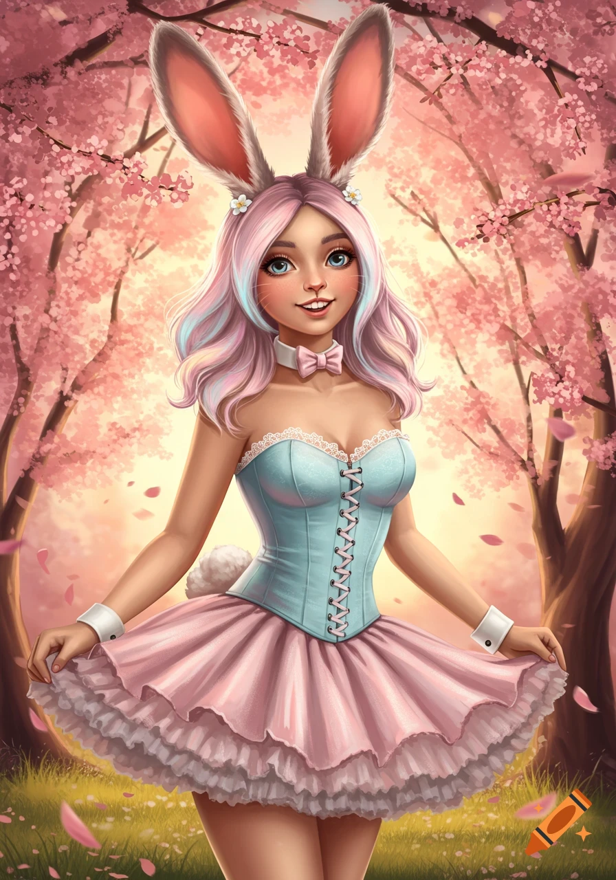 Stylized illustration of a pastel-colored bunny girl in a light blue corset and pink ruffled skirt, standing in a cherry blossom forest.