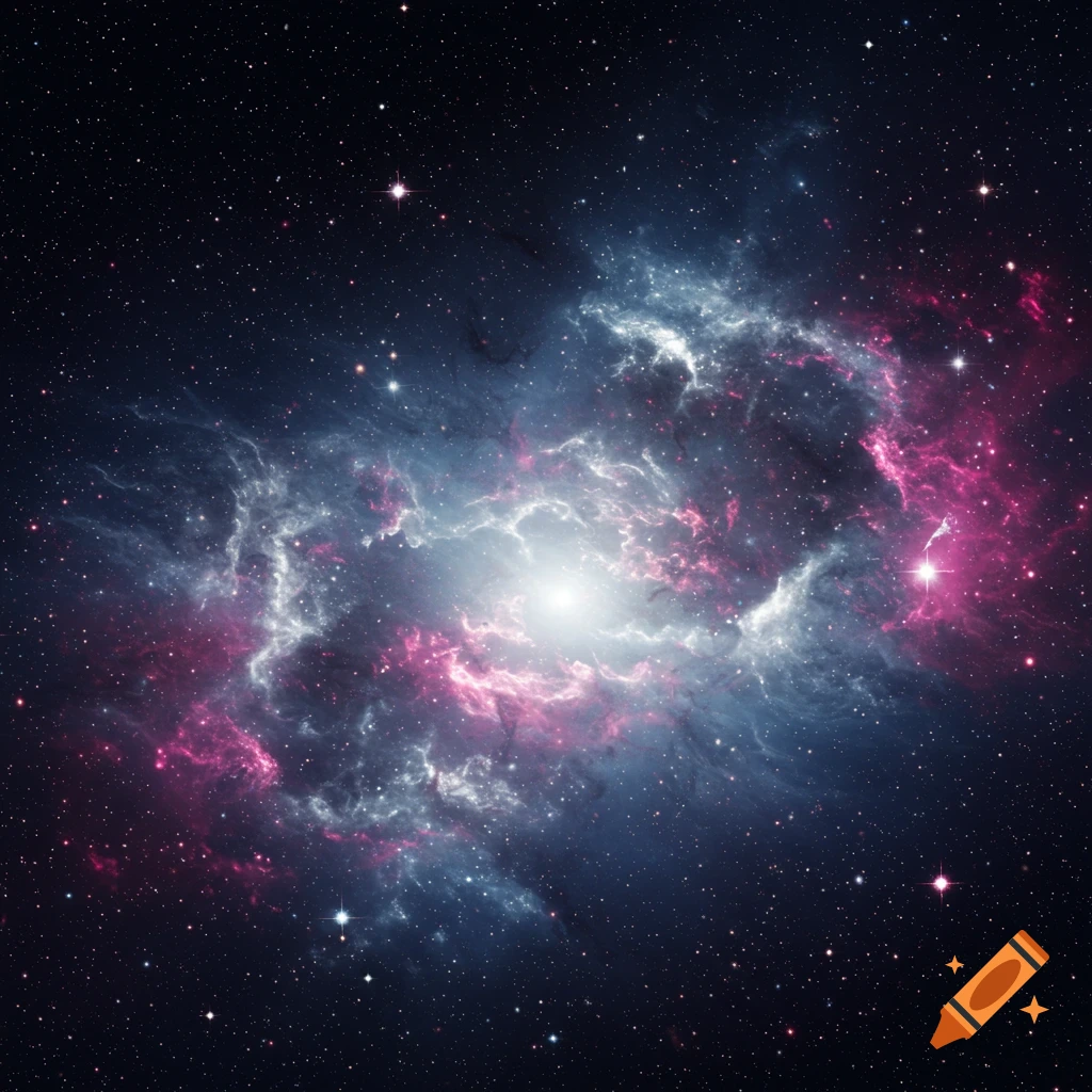 A vibrant nebula with swirling pink and blue gas clouds, a bright white core, and scattered stars against a dark cosmic background.