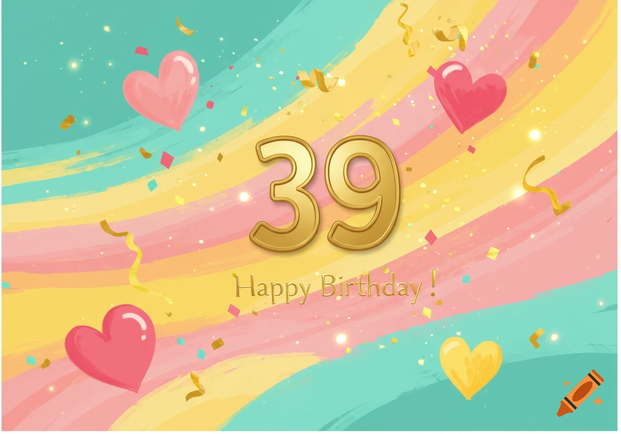 A colorful birthday card with a watercolor rainbow background, golden number '39', and "Happy Birthday!" text, surrounded by hearts and confetti.