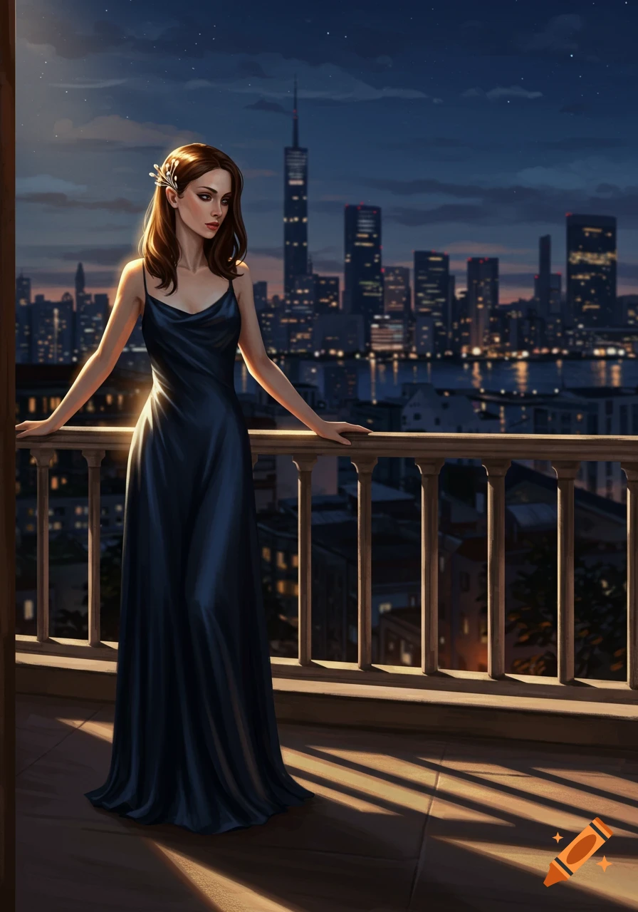 A woman in an elegant dark blue slip dress stands on a balcony overlooking a city skyline at night, digital art.