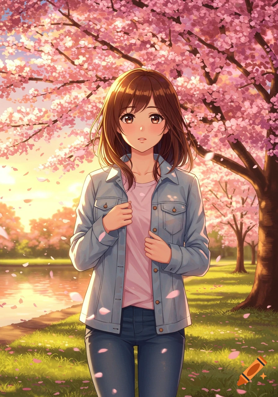 An anime girl with brown hair and a denim jacket stands in a park filled with pink cherry blossoms.