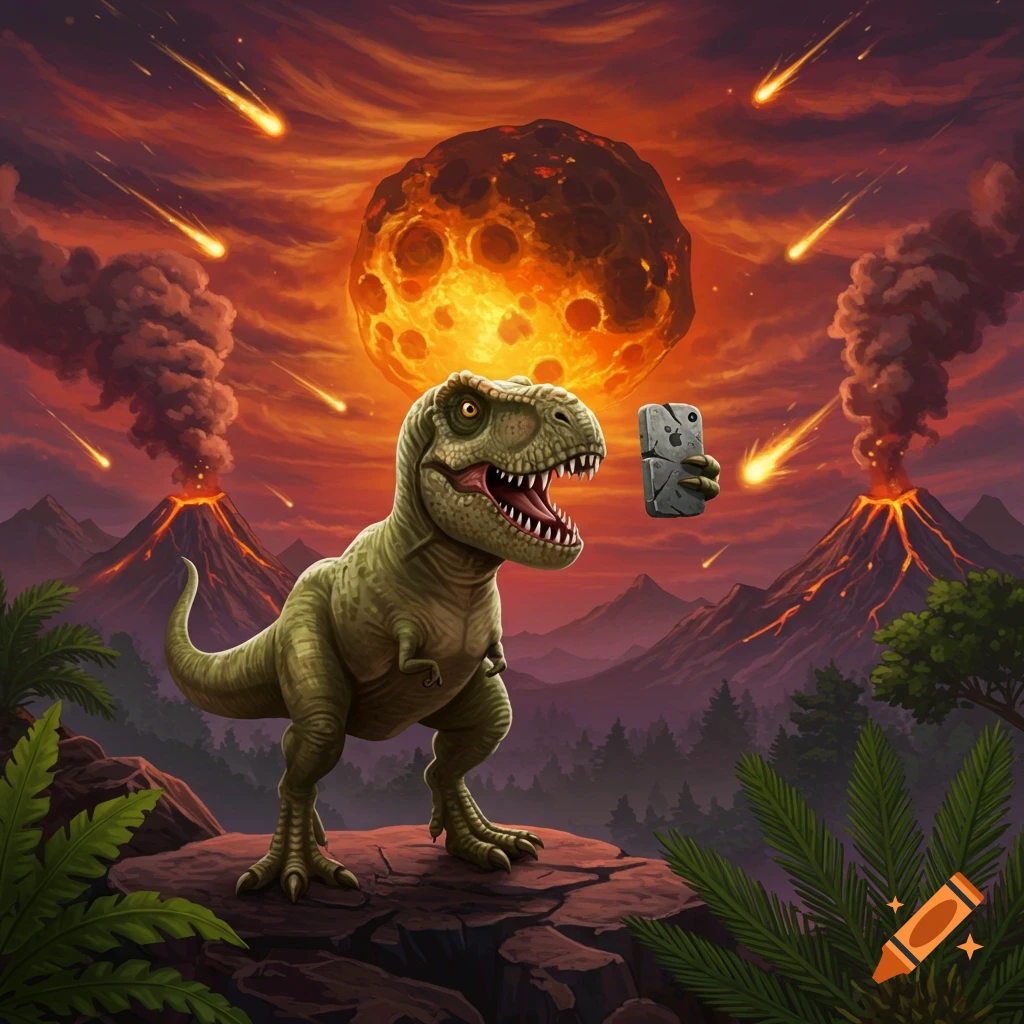 Cartoonish T-Rex takes a selfie with a broken smartphone as a giant asteroid approaches and volcanoes erupt in the background, in a digital painting style.