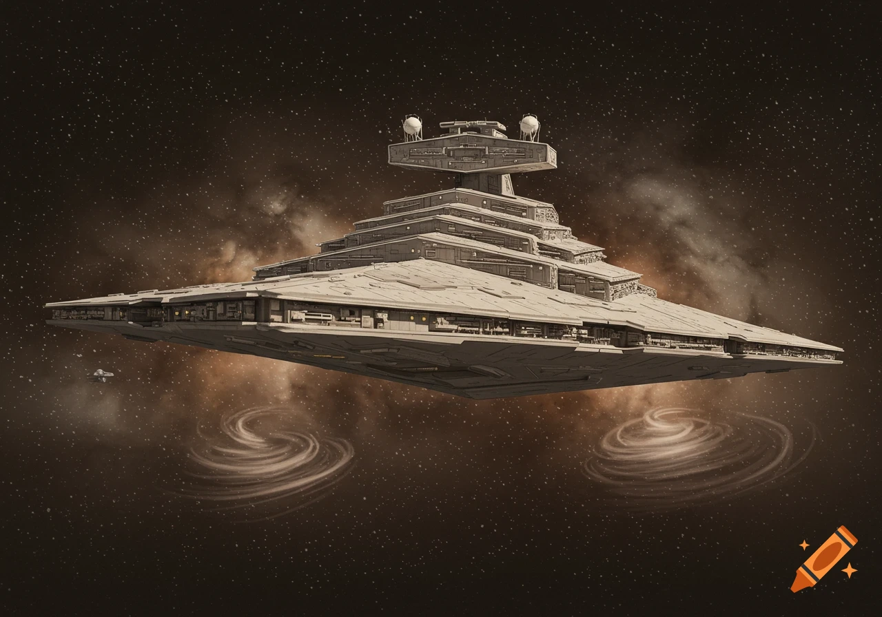 An Art Deco style Star Destroyer floats majestically in a dark, star-filled space with nebulous clouds and swirling energy.