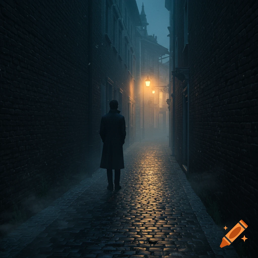 A solitary figure in a trench coat walks down a dark, misty cobblestone alley towards distant glowing streetlights.