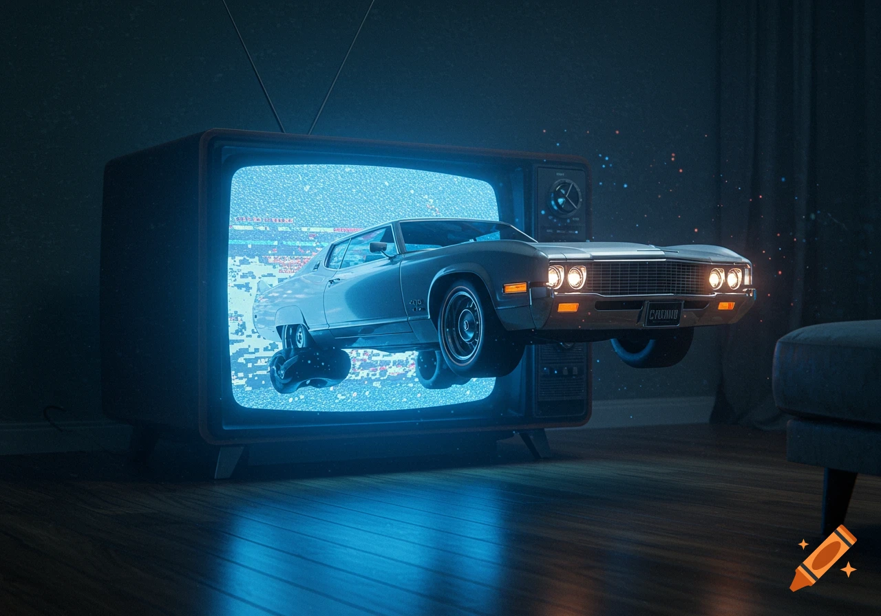 A classic grey car with glowing headlights emerges from a glitching retro television screen in a dark room.