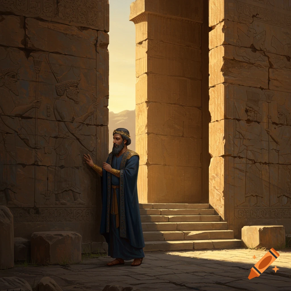 A man in a blue robe and golden crown stands pensively next to intricately carved ancient stone ruins, with bright sunlight.