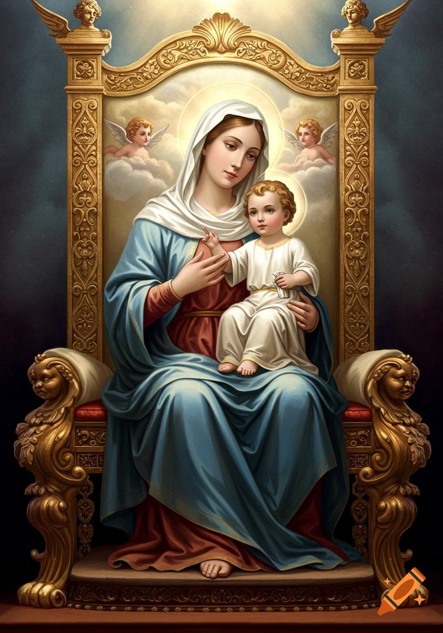Painting of the Virgin Mary in a blue robe holding baby Jesus on a golden throne, with cherubs in the background. Religious art style.