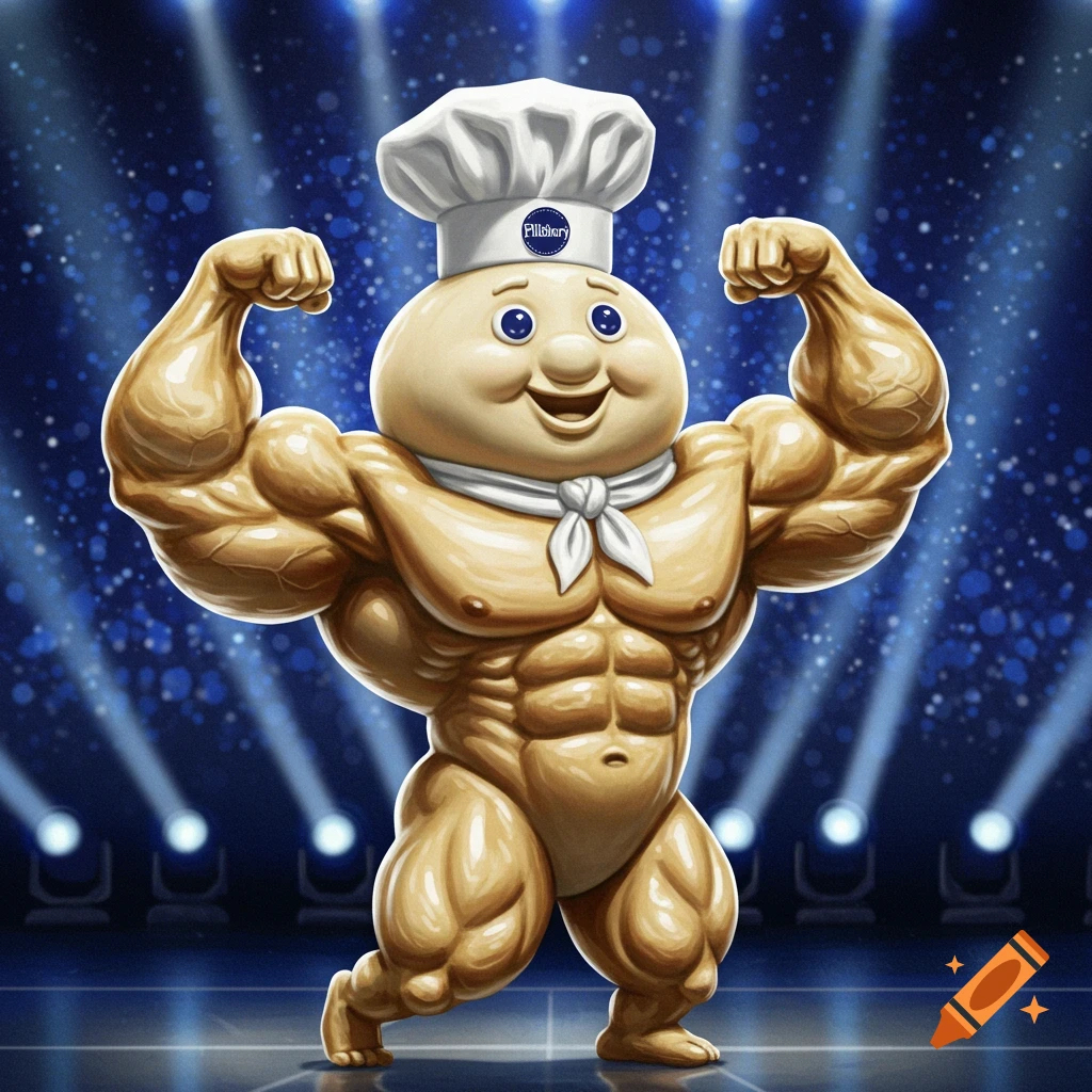 A muscular Pillsbury Doughboy with a chef's hat and a white scarf flexes his biceps on a dark stage with spotlights.