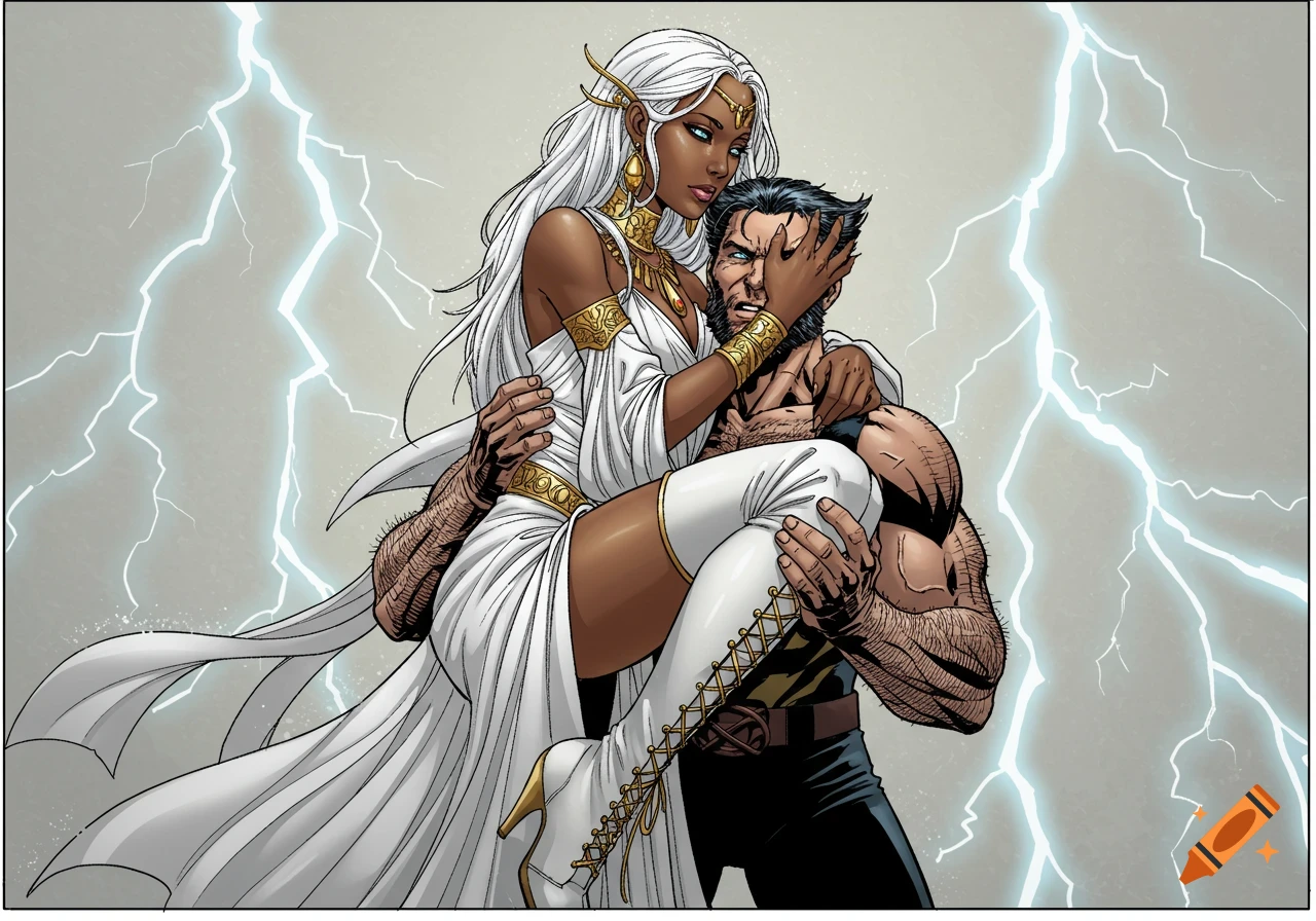 Digital comic book illustration of Storm holding Wolverine, with lightning bolts in the background.