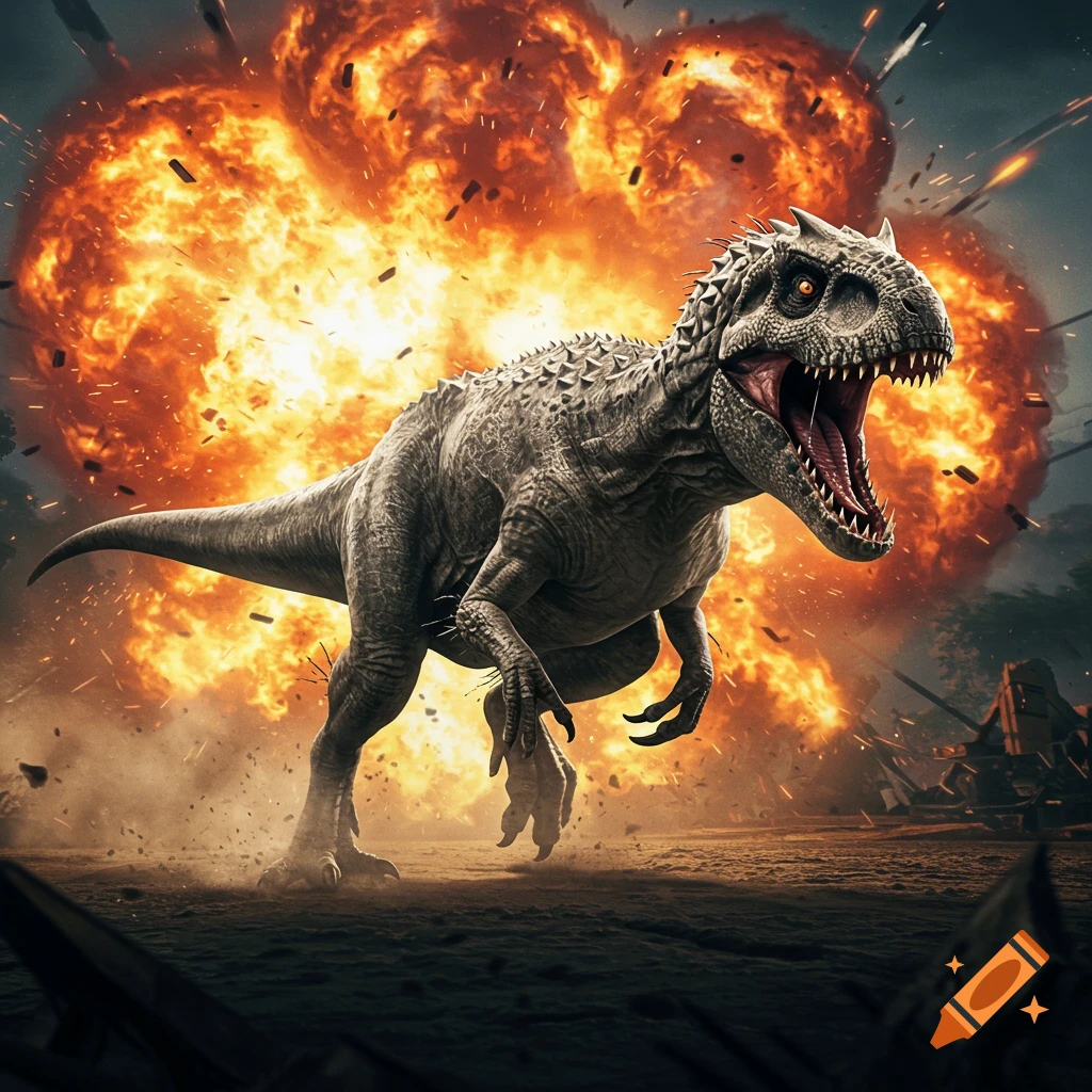 Photorealistic Indominus Rex running from a large explosion in a desolate landscape.