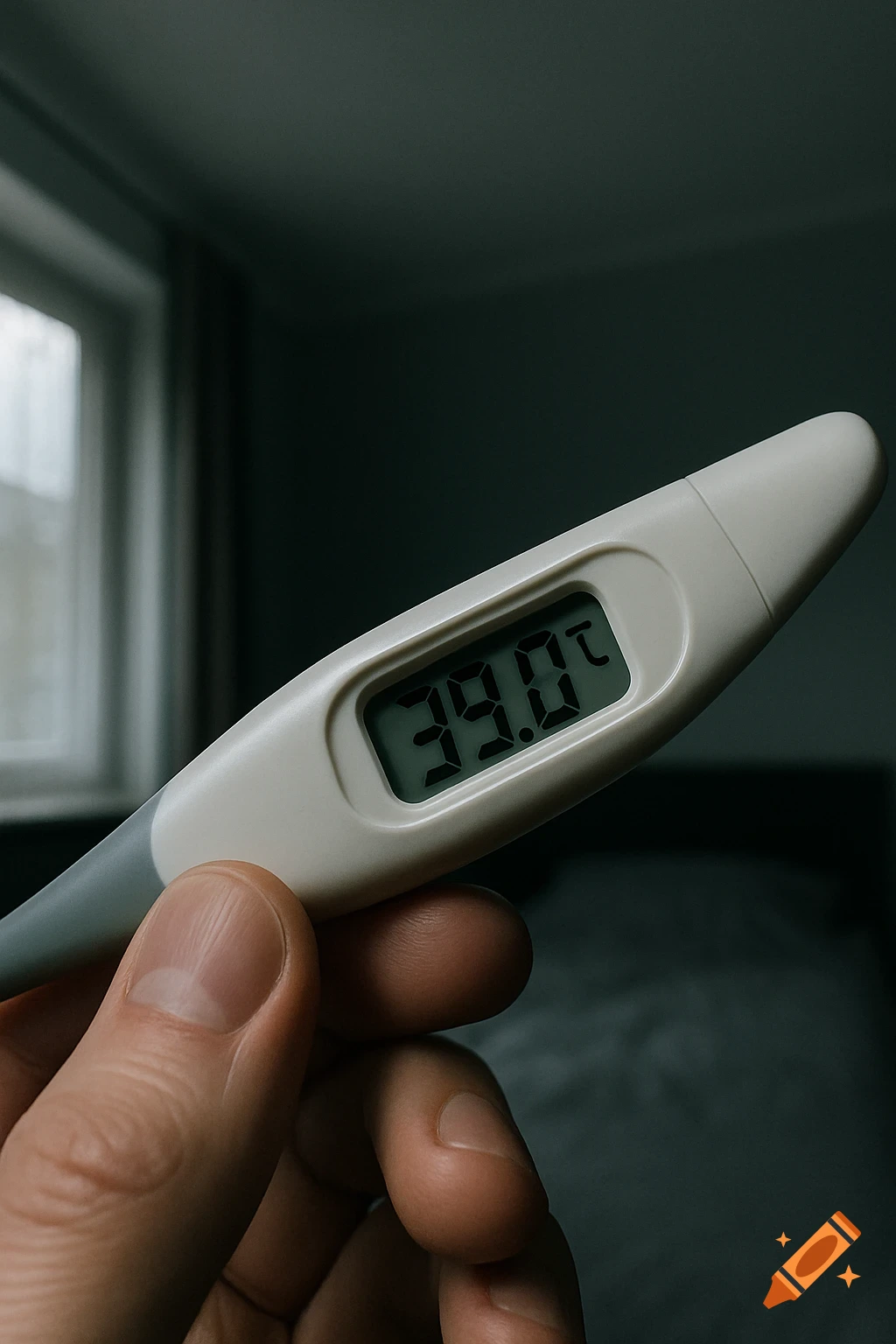 A close-up shot of a hand holding a digital thermometer displaying 39.0 degrees Celsius against a dim, blurry background.