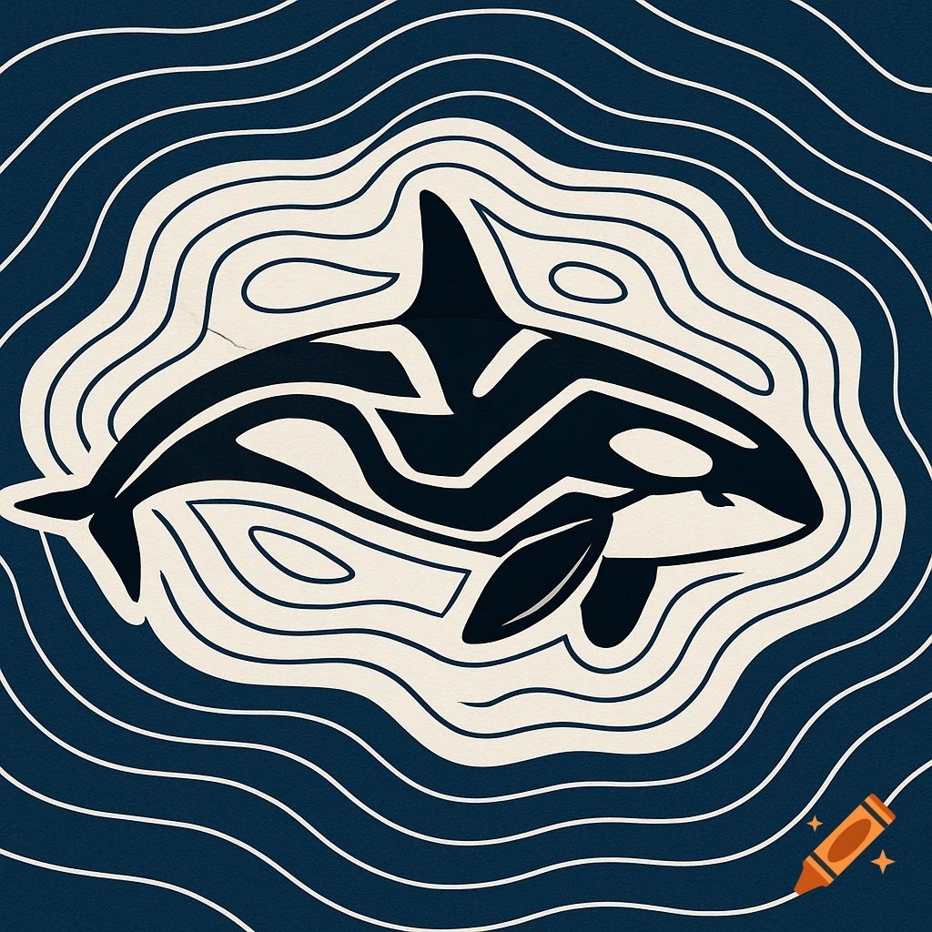 Stylized black and white illustration of an orca whale made of contour lines, swimming in blue water.