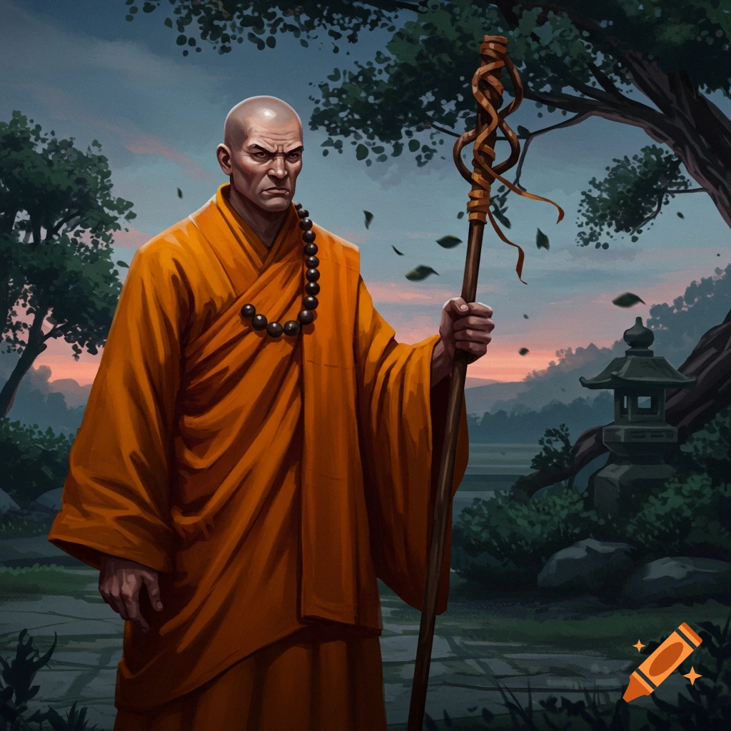 An angry bald monk in orange robes holds a staff in a fantasy illustration with a pagoda and trees in the background.