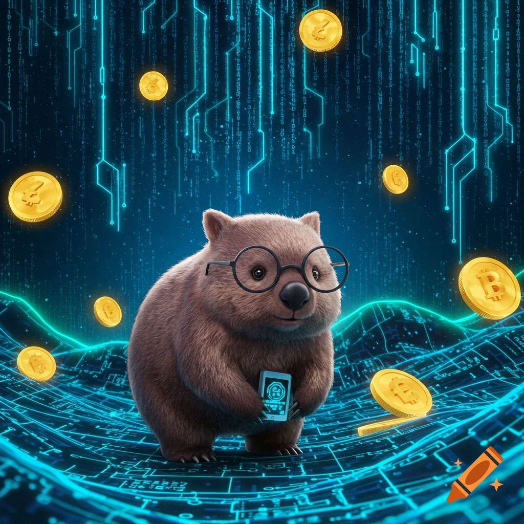 Cute cartoon wombat in glasses holding a phone, surrounded by golden crypto coins and a digital tech background.