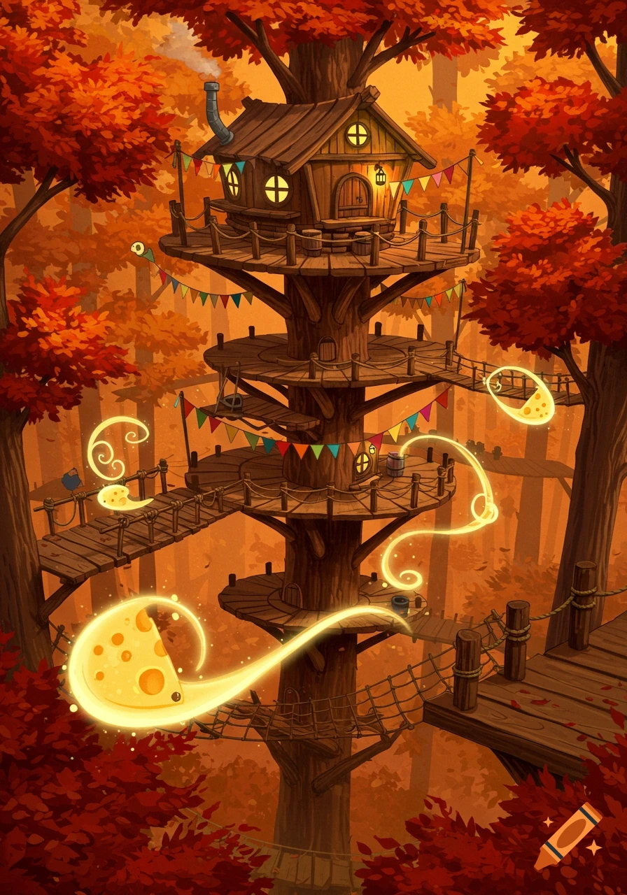A whimsical treehouse in autumn trees with colorful banners, glowing cheese slices, and wooden bridges in an illustrative style.