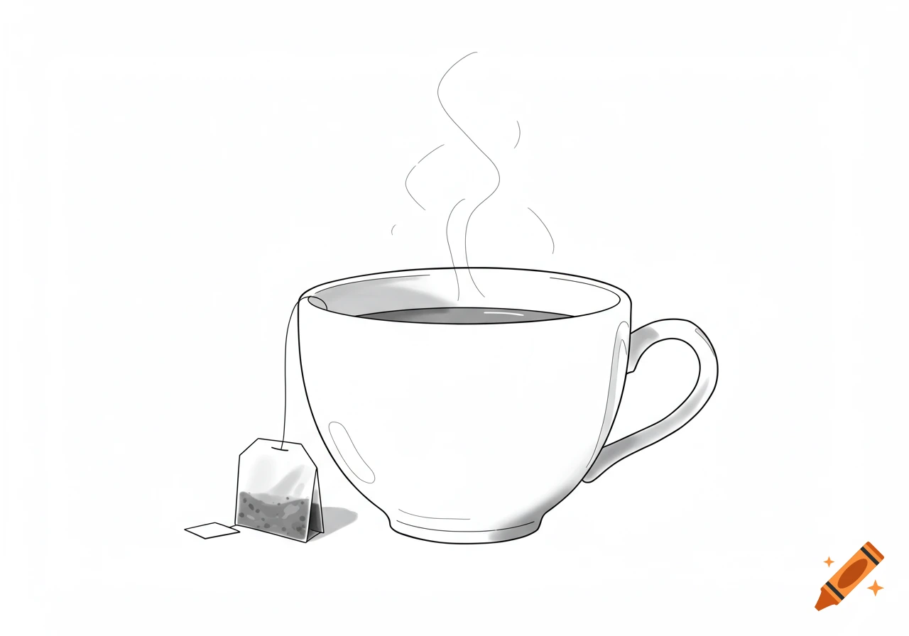 An outline drawing of a white teacup with a tea bag on the side and steam rising from the top.