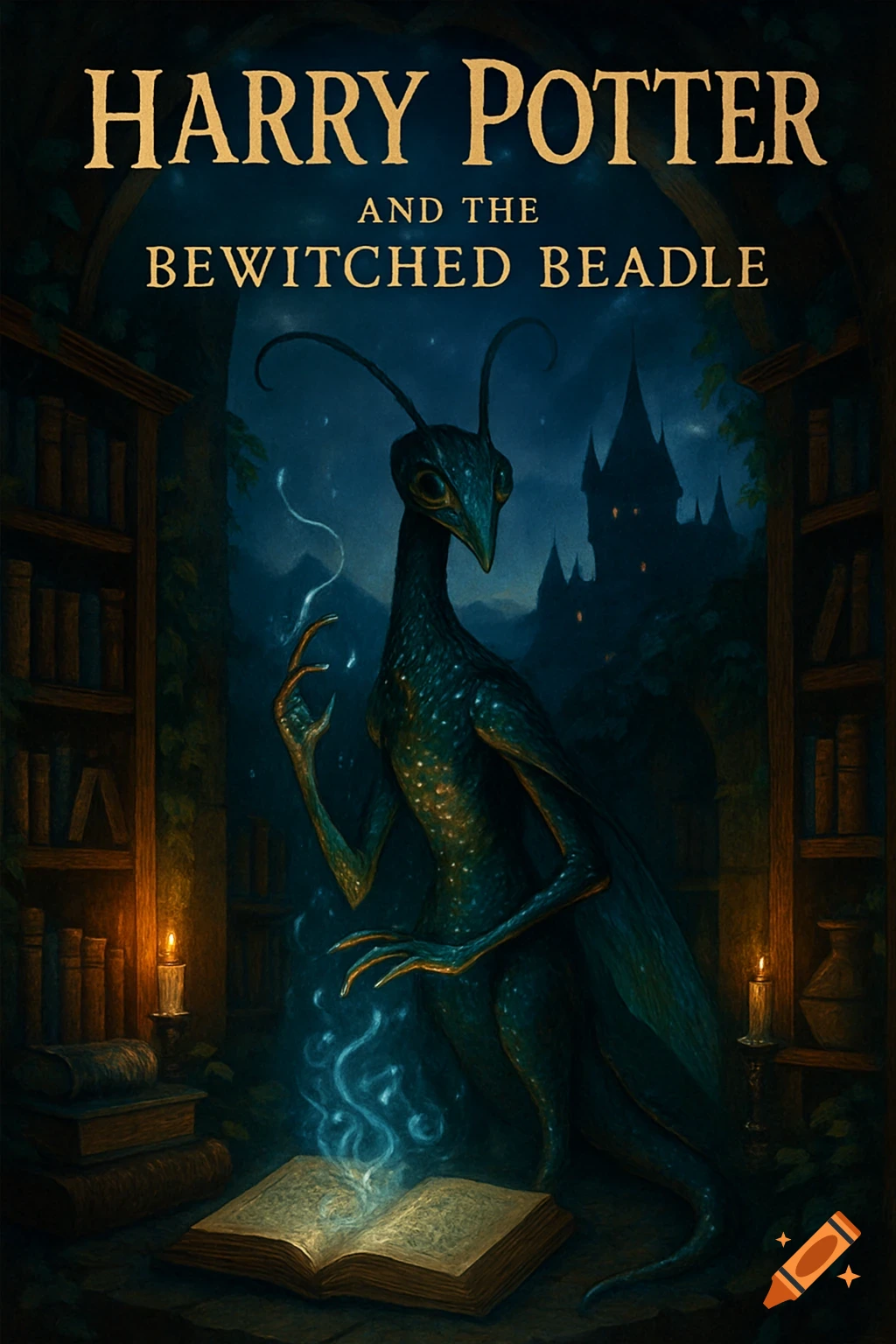 Dark fantasy book cover: insectoid creature in a magical library, an open spell book glows, castle in background.