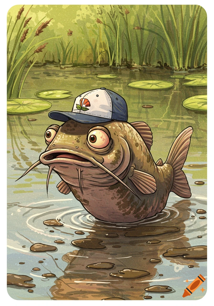 A cartoonish catfish with wide eyes wearing a baseball cap in a muddy pond with lily pads and reeds.