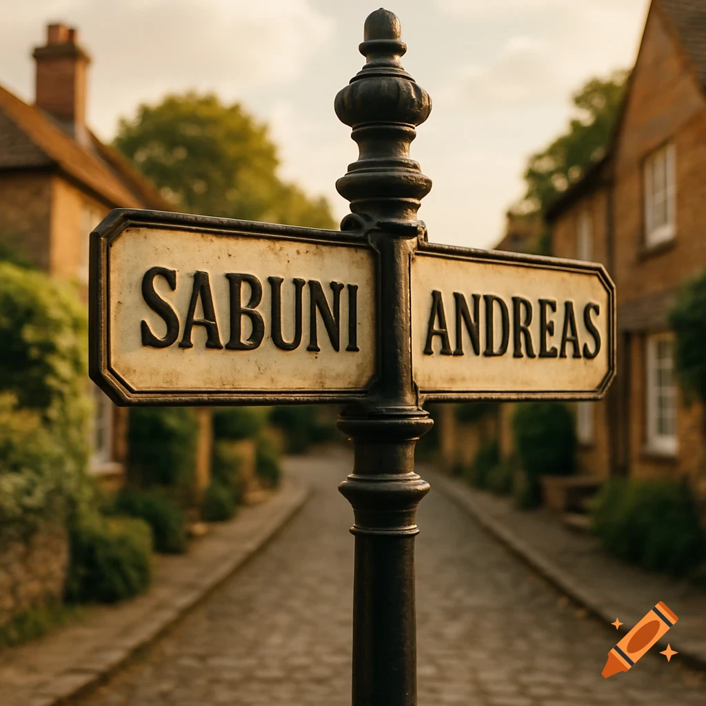 A vintage-style black and cream street sign reading 'SABUNI' and 'ANDREAS' stands on a cobbled street in an old English village.