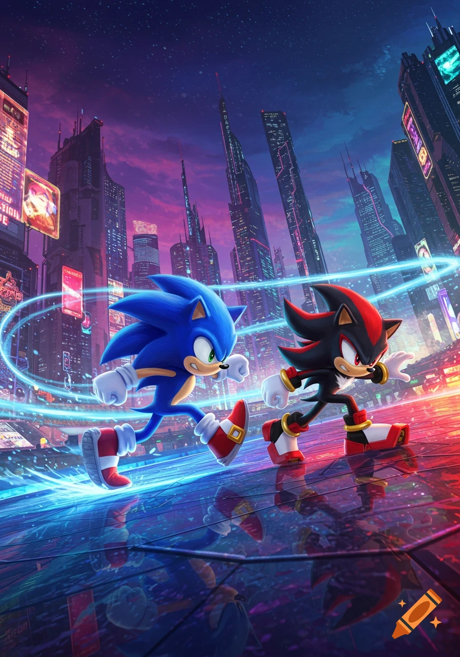 Sonic and Shadow race through a vibrant, neon-lit futuristic city at dusk, reflected on the wet ground.