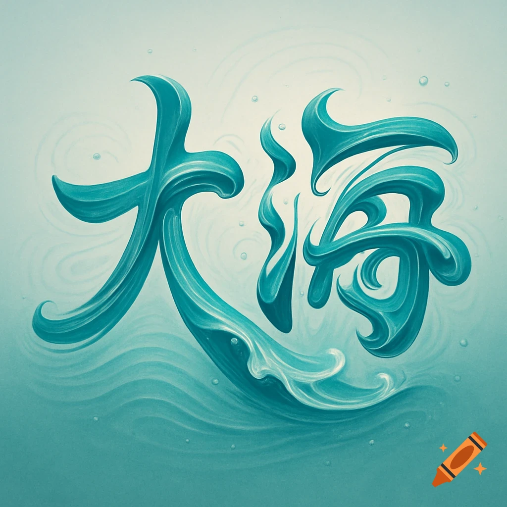 Stylized Chinese characters '大海' (Dàhǎi) rendered in flowing teal and aqua waves, representing the ocean.