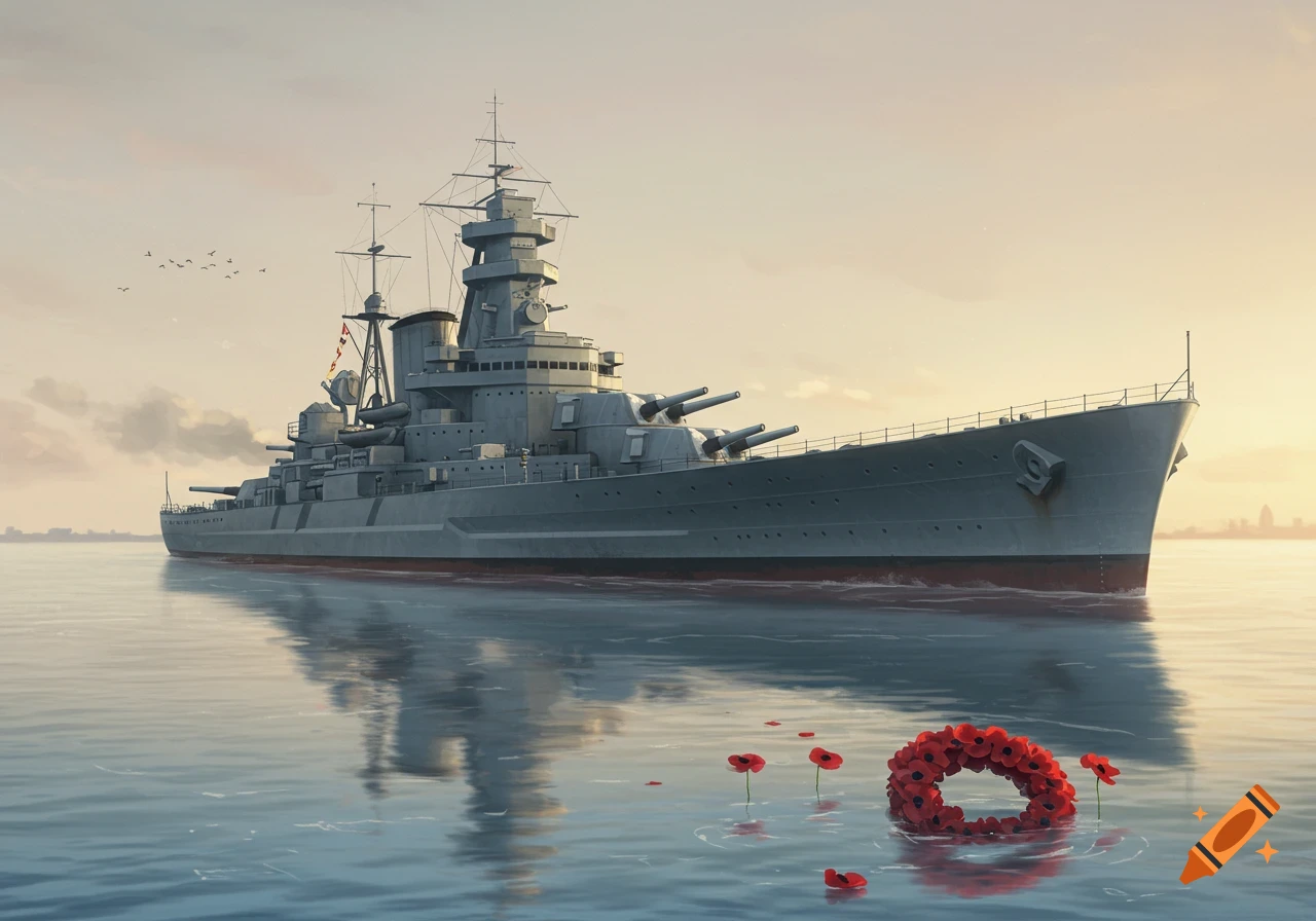 A grey battleship floats on calm water with a red poppy wreath and scattered poppies in the foreground, under a pale sky.
